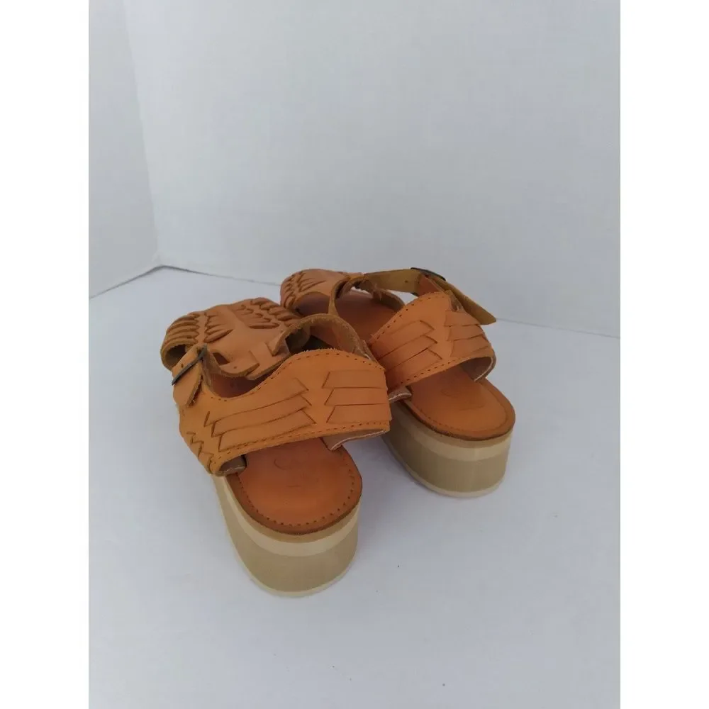 Woven Leather Platform‎ Sandals with Ankle Strap in Tan - Boho Summer Comfort